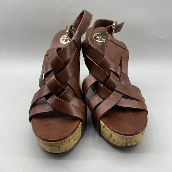 Tory Burch Shoes Womens Size 10M Leather Cork Wedge Sandals Strappy Slingback - Picture 2 of 10